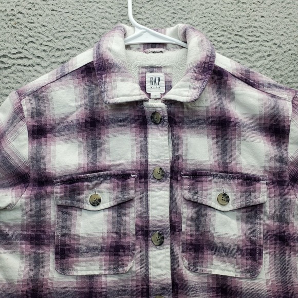 GAP Shacket Kids Girls XL Multi Plaid Sherpa Lined Long Sleeve Collar Button Up - Picture 5 of 10